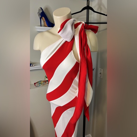 Professional White and Red Long Dress - V Neck - Picture 6 of 10
